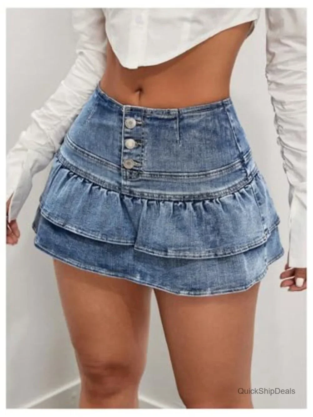 High Waist Button Up Ruffle Denim Mini Skort with Shorts